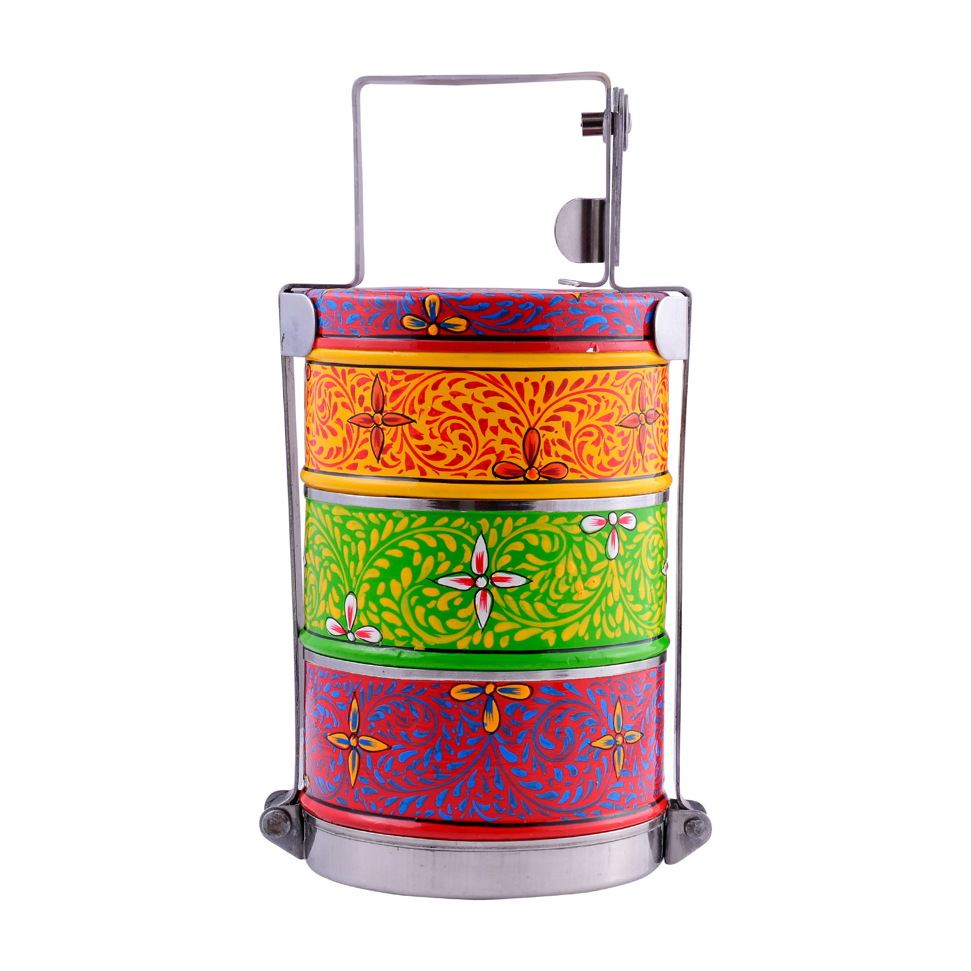 Hand Painted 3-Tier Lunch Box – Multi Color Tiffin Carrier | Mumbai Dabba | Metal Washable Lunch Box | Straight Stack Design