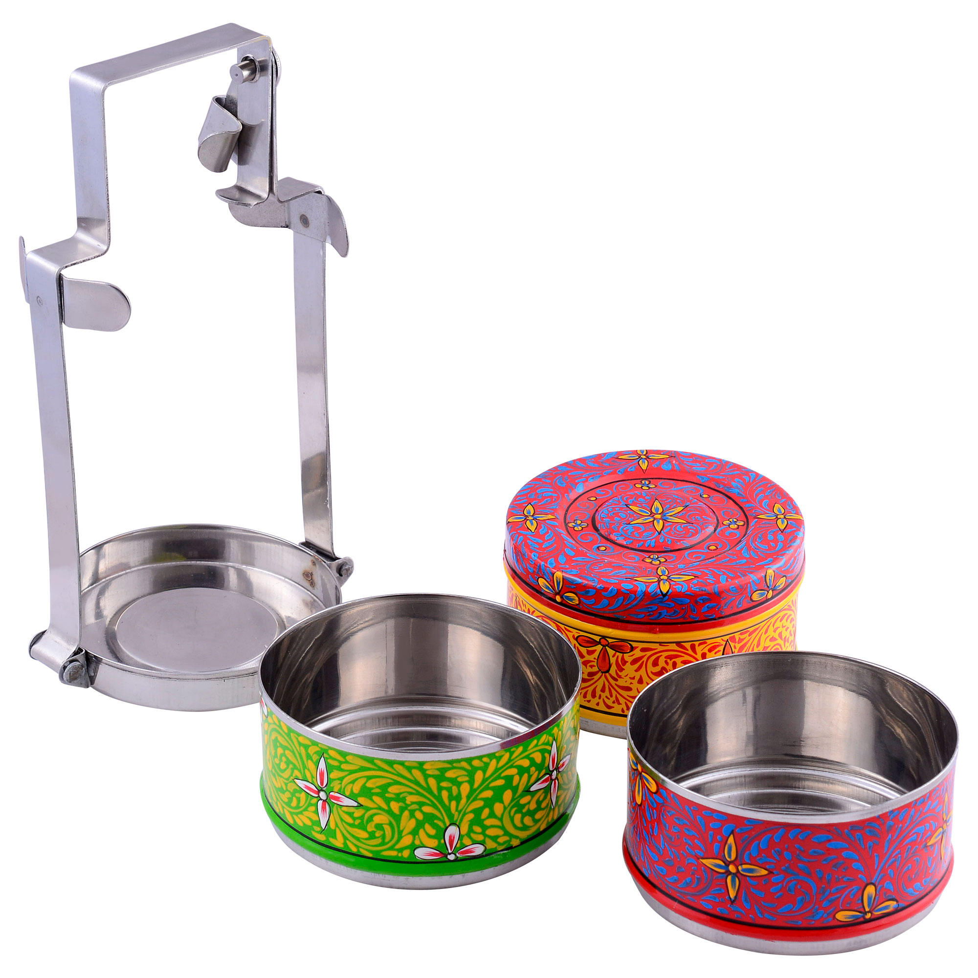 Hand Painted 3-Tier Lunch Box – Multi Color Tiffin Carrier | Mumbai Dabba | Metal Washable Lunch Box | Straight Stack Design