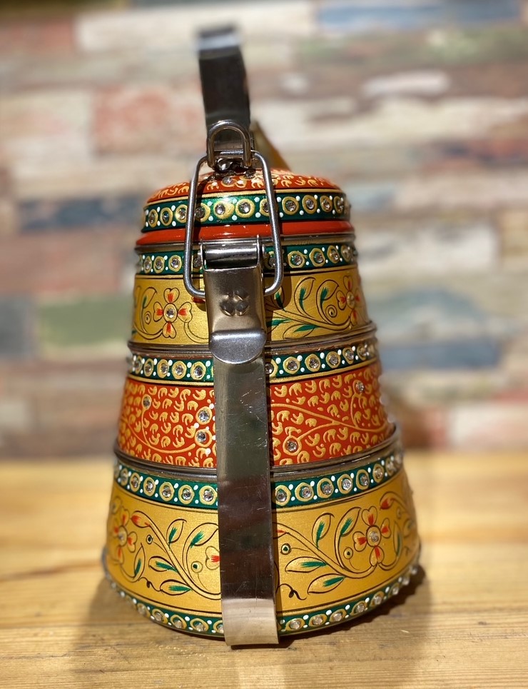 Hand Painted Steel Pyramid Tiffin- 3 Container: Red & Gold Majestic Hand Painted Steel Pyramid Tiffin- 3 Container: Red & Gold Majestic