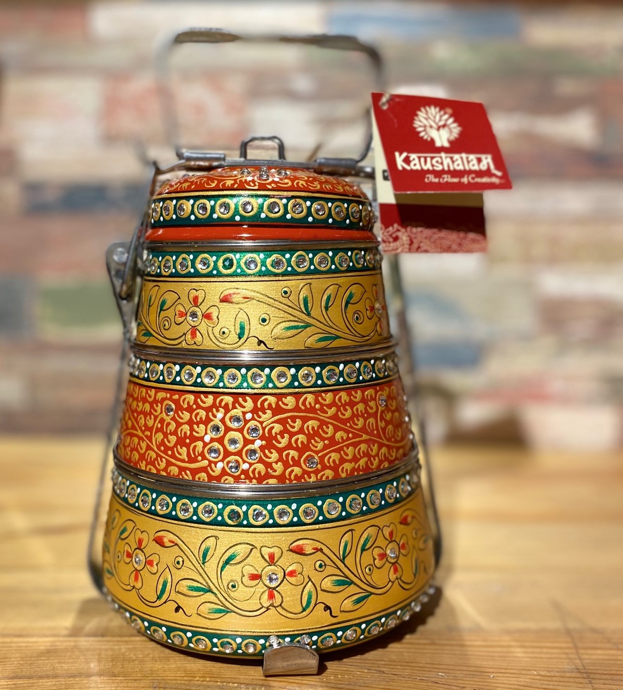 Hand Painted Steel Pyramid Tiffin- 3 Container: Red & Gold Majestic Hand Painted Steel Pyramid Tiffin- 3 Container: Red & Gold Majestic