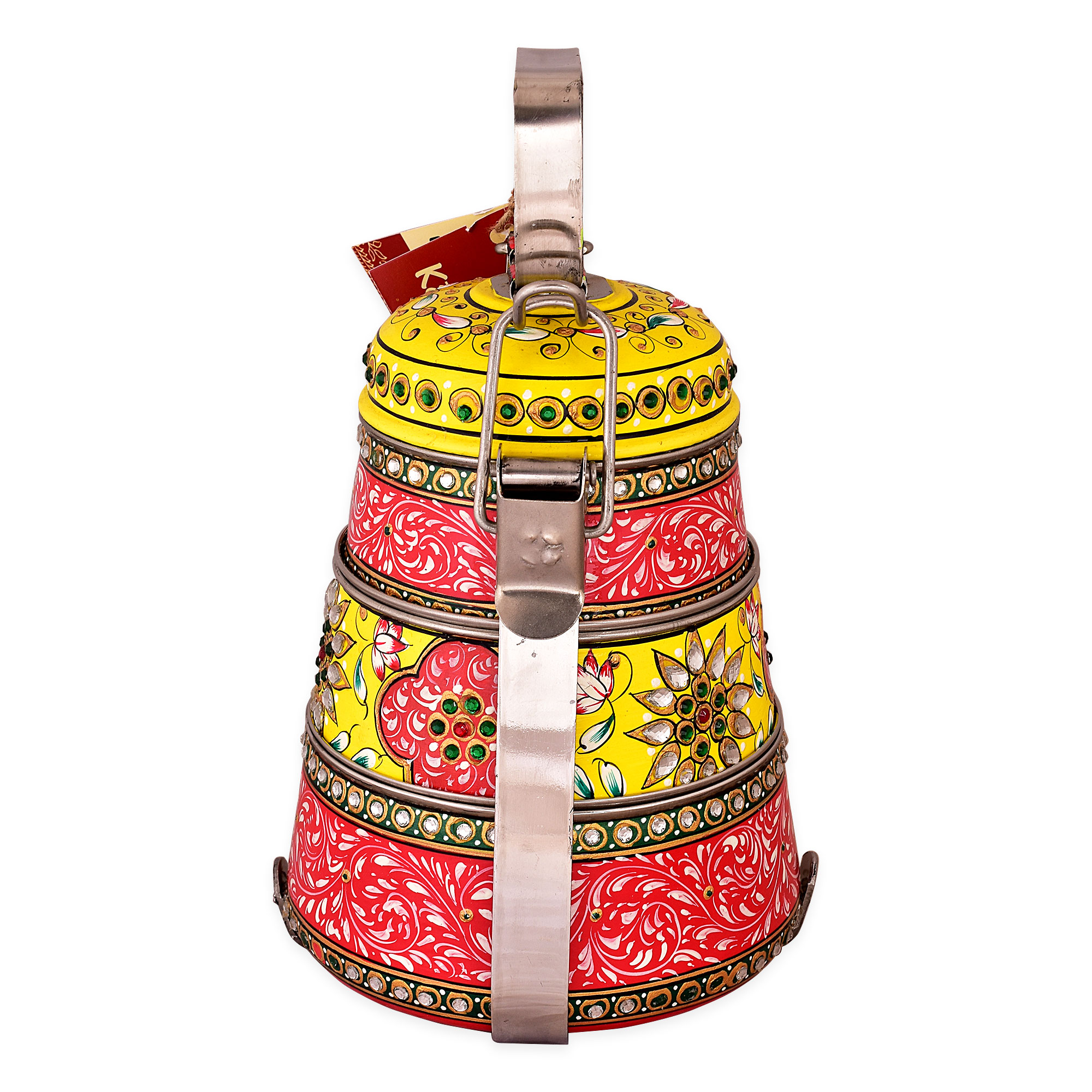 Hand Painted Steel Pyramid Tiffin- 3 Container: Red & Yellow