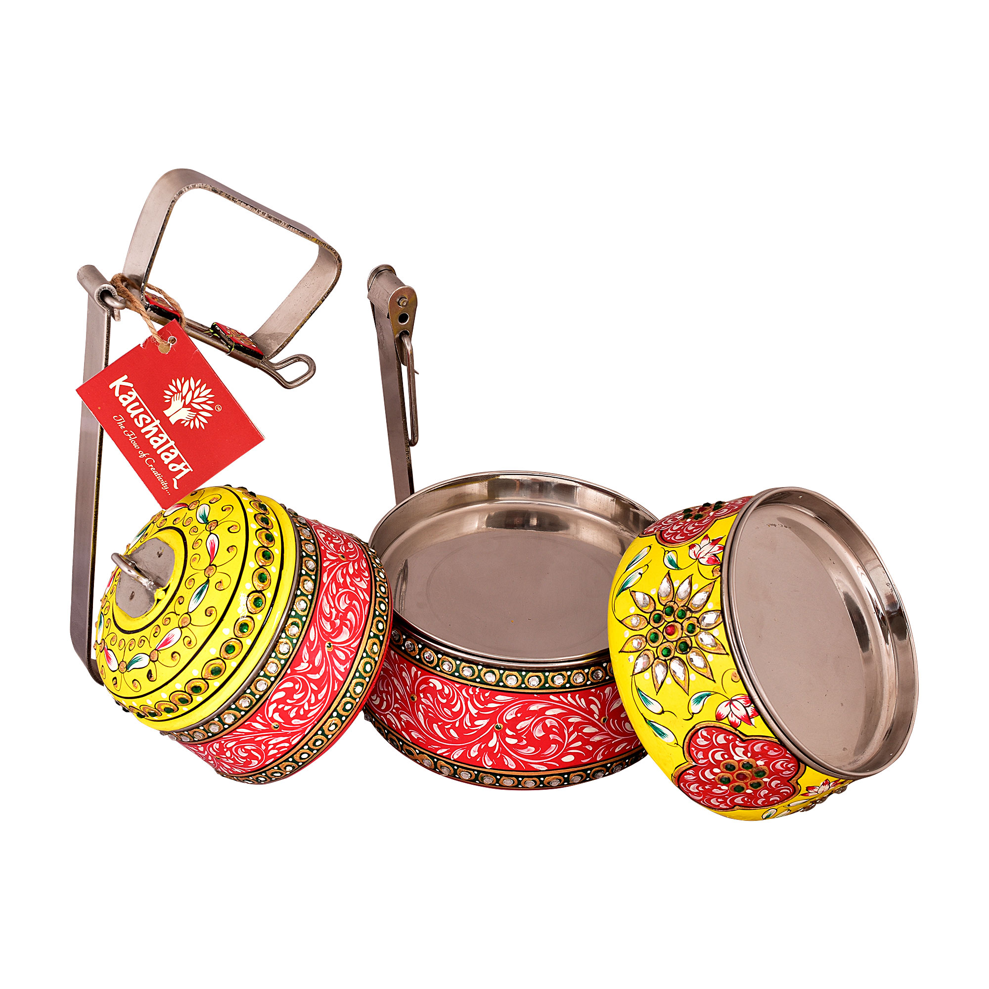 Hand Painted Steel Pyramid Tiffin- 3 Container: Red & Yellow