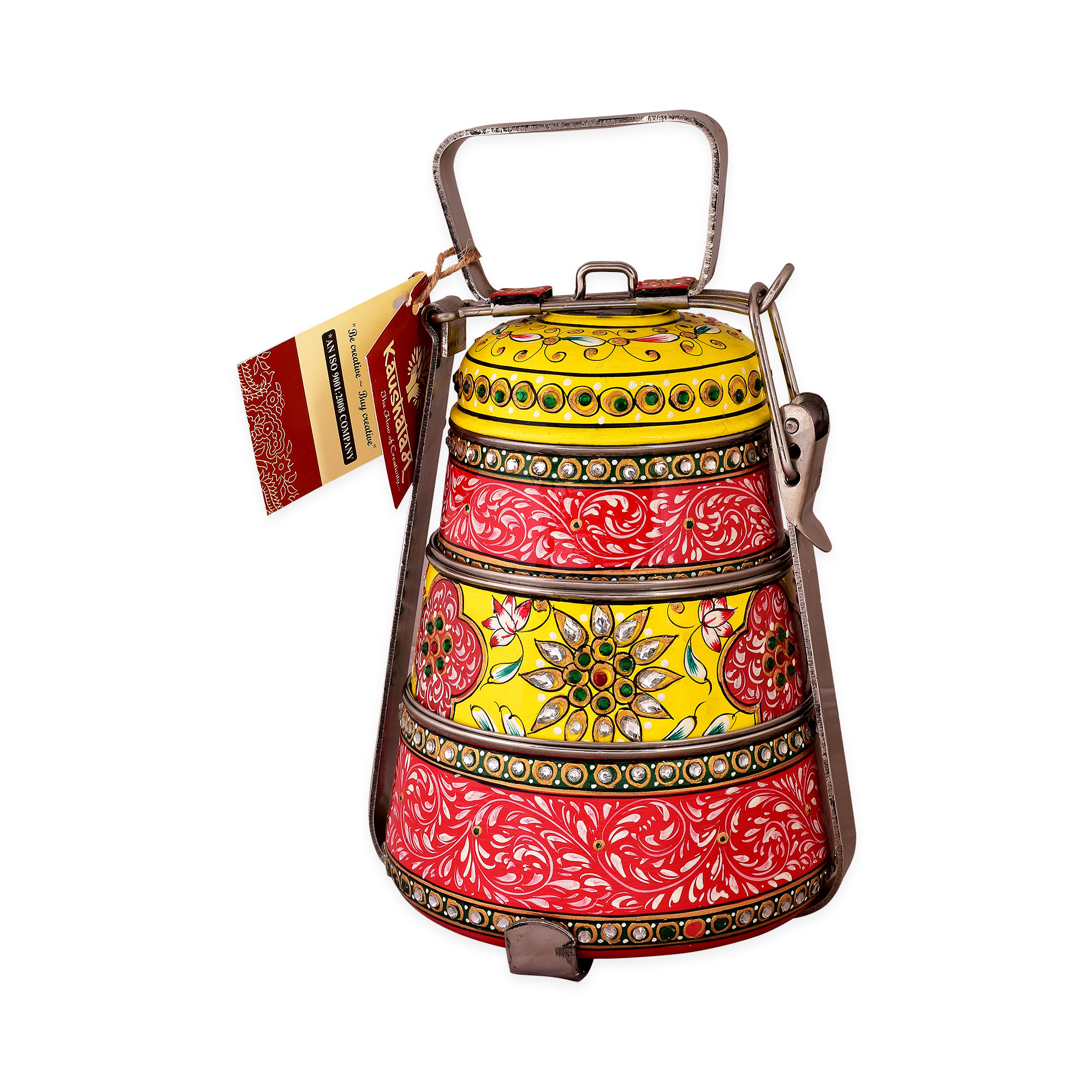 Hand Painted Steel Pyramid Tiffin- 3 Container: Red & Yellow