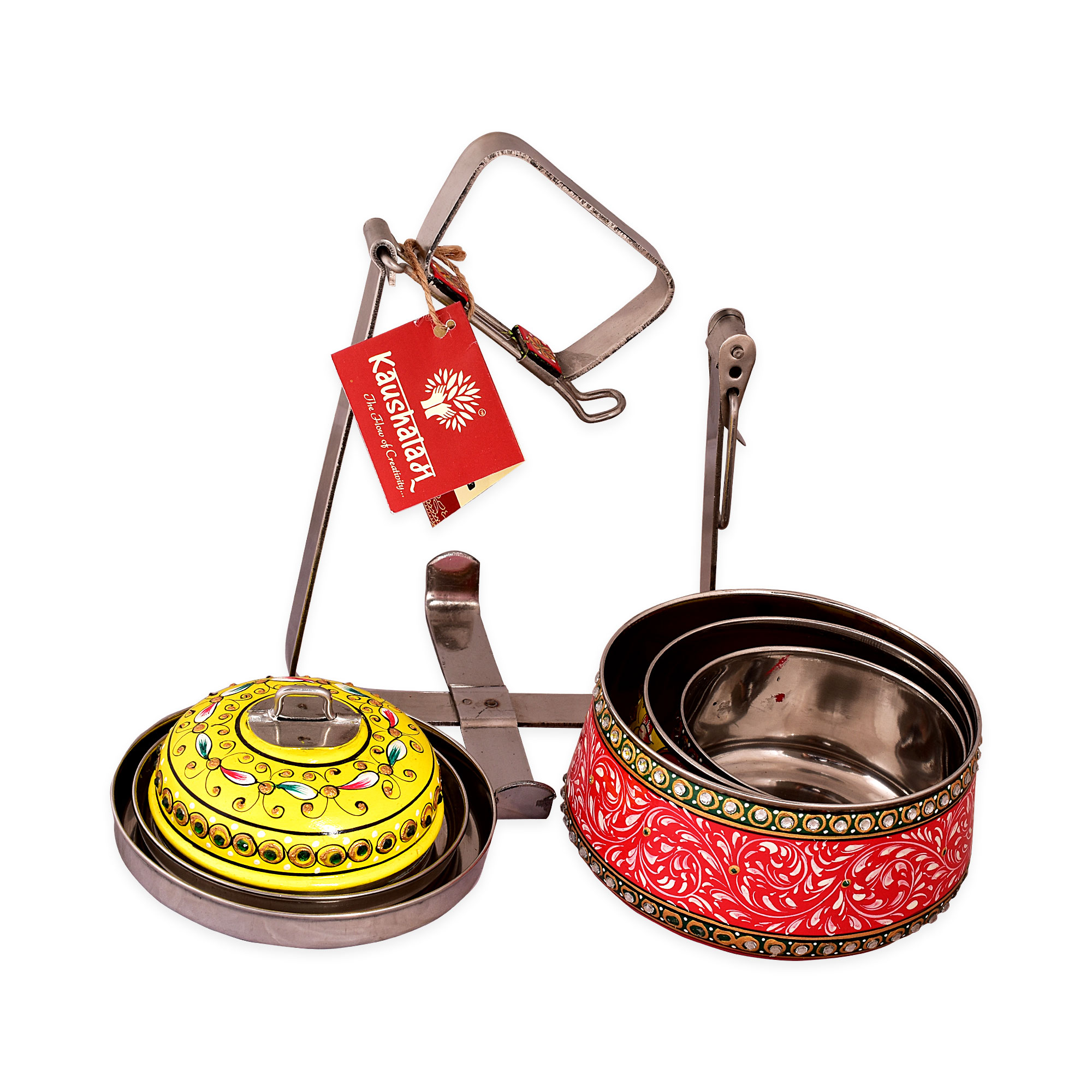 Hand Painted Steel Pyramid Tiffin- 3 Container: Red & Yellow