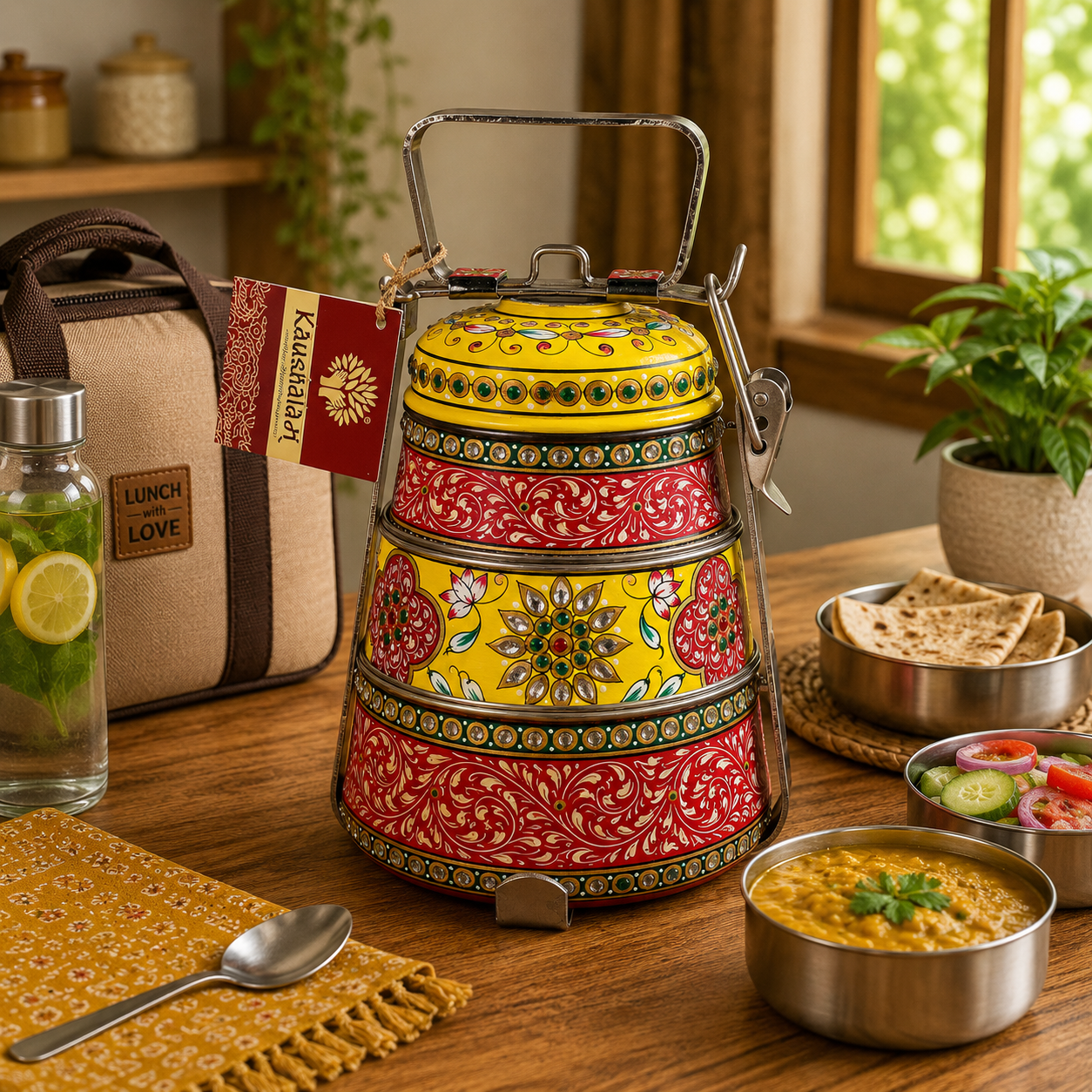 Hand Painted Steel Pyramid Tiffin- 3 Container: Red & Yellow