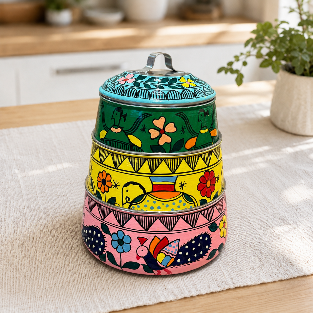 Hand Painted 3 Tier Lunch Box Folk Art
