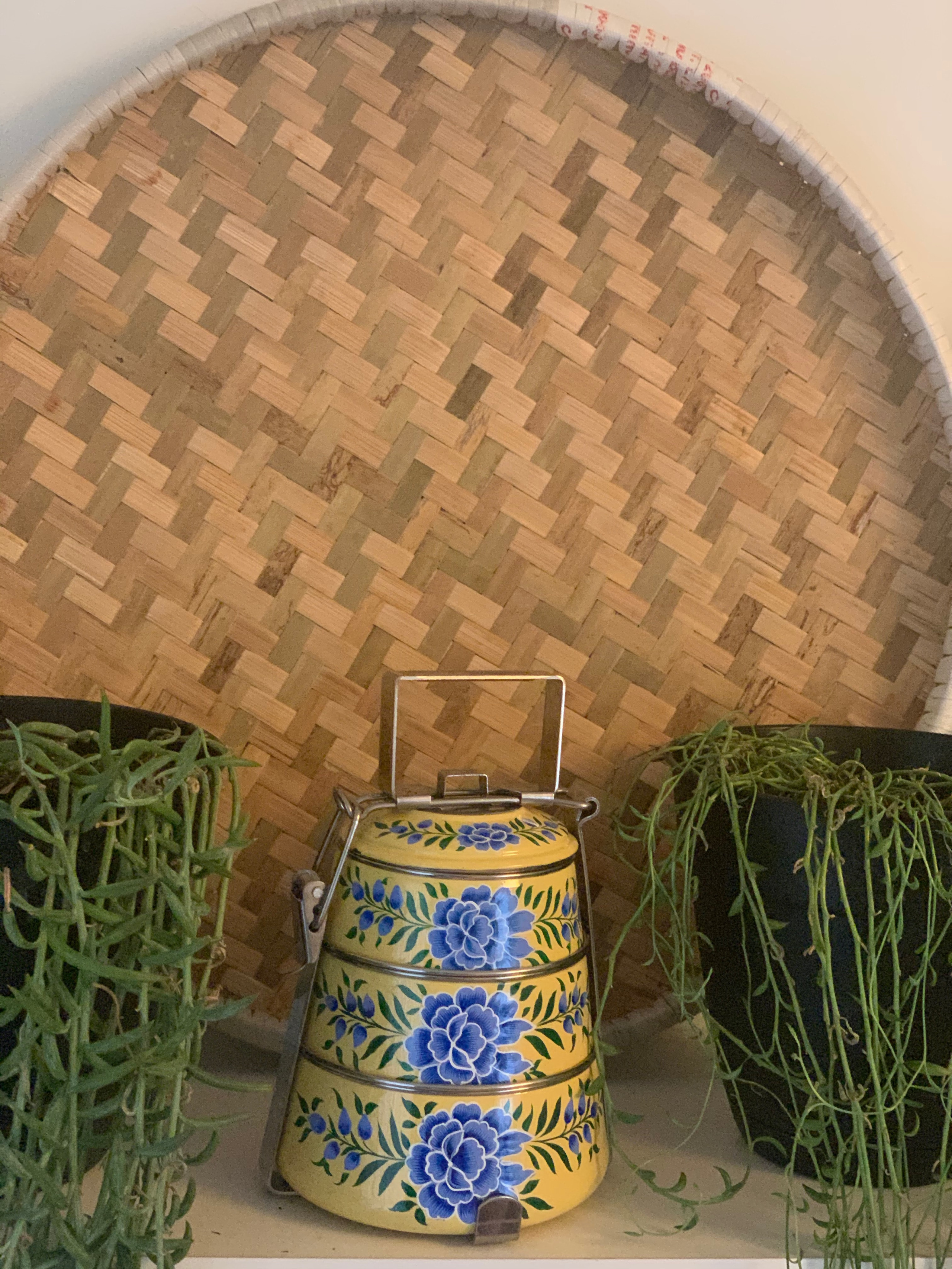 Hand Painted Steel Pyramid Tiffin- 3 Container: Yellow & Blue Floral Hand Painted Steel Pyramid Tiffin- 3 Container: Yellow & Blue Floral