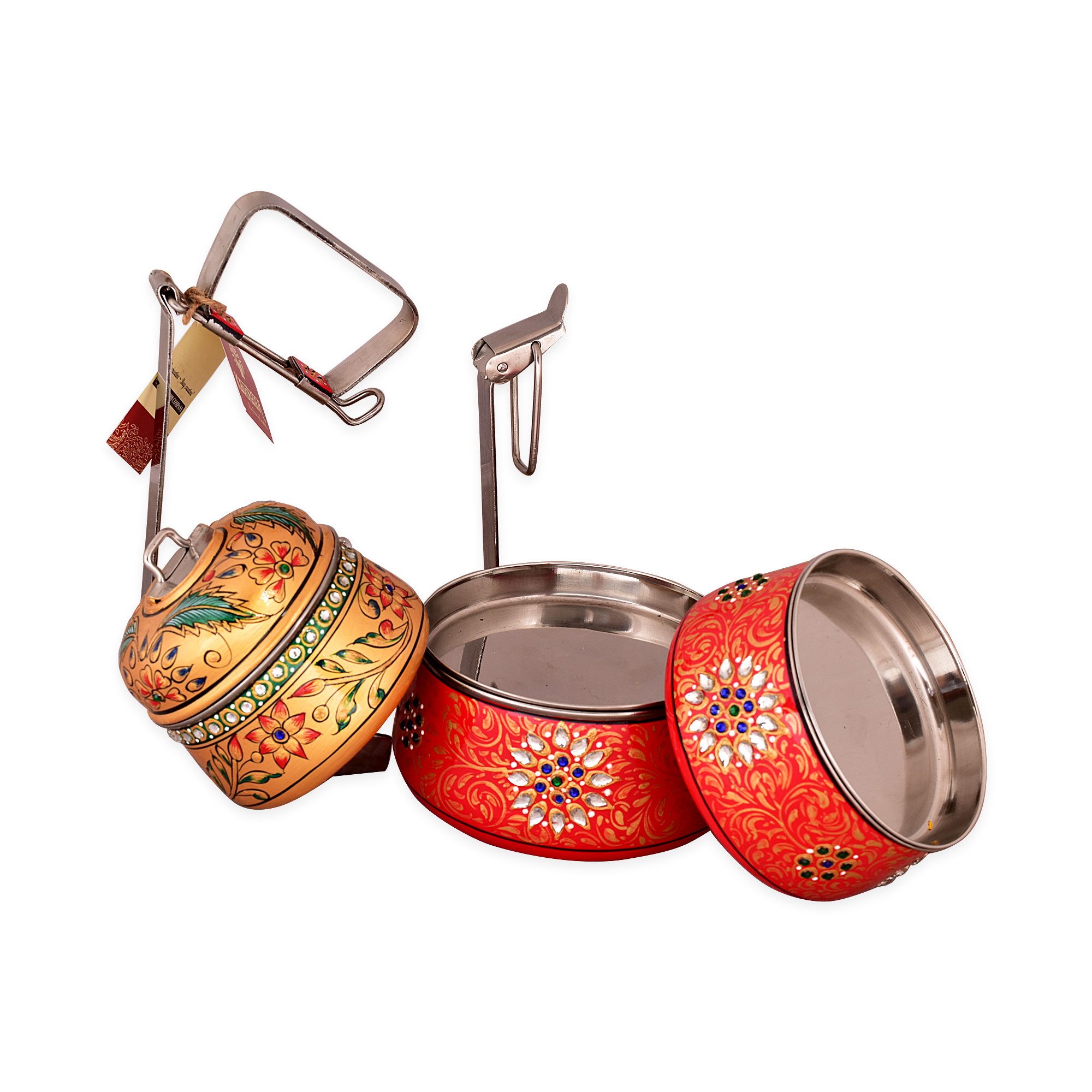 Hand Painted Steel Pyramid Tiffin- 3 Container: Red with Blings