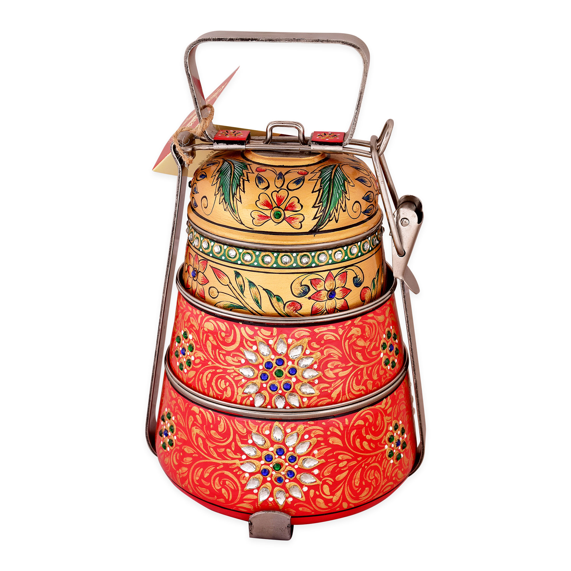 Hand Painted Steel Pyramid Tiffin- 3 Container: Red with Blings