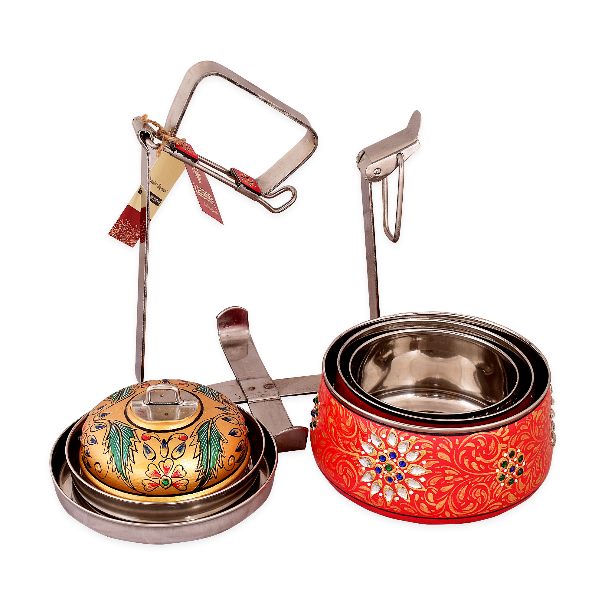 Hand Painted Steel Pyramid Tiffin- 3 Container: Red with Blings