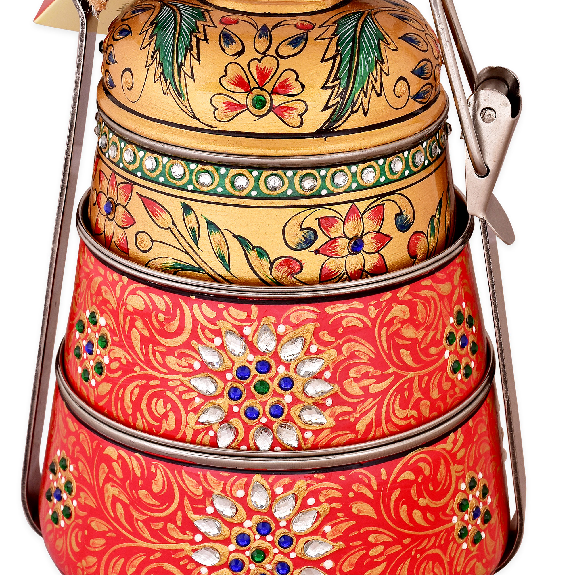 Hand Painted Steel Pyramid Tiffin- 3 Container: Red with Blings Hand Painted Steel Pyramid Tiffin- 3 Container: Red with Blings