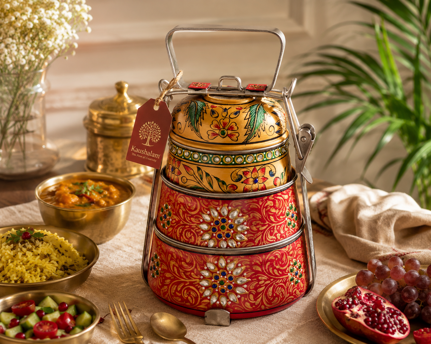 Hand Painted Steel Pyramid Tiffin- 3 Container: Red with Blings