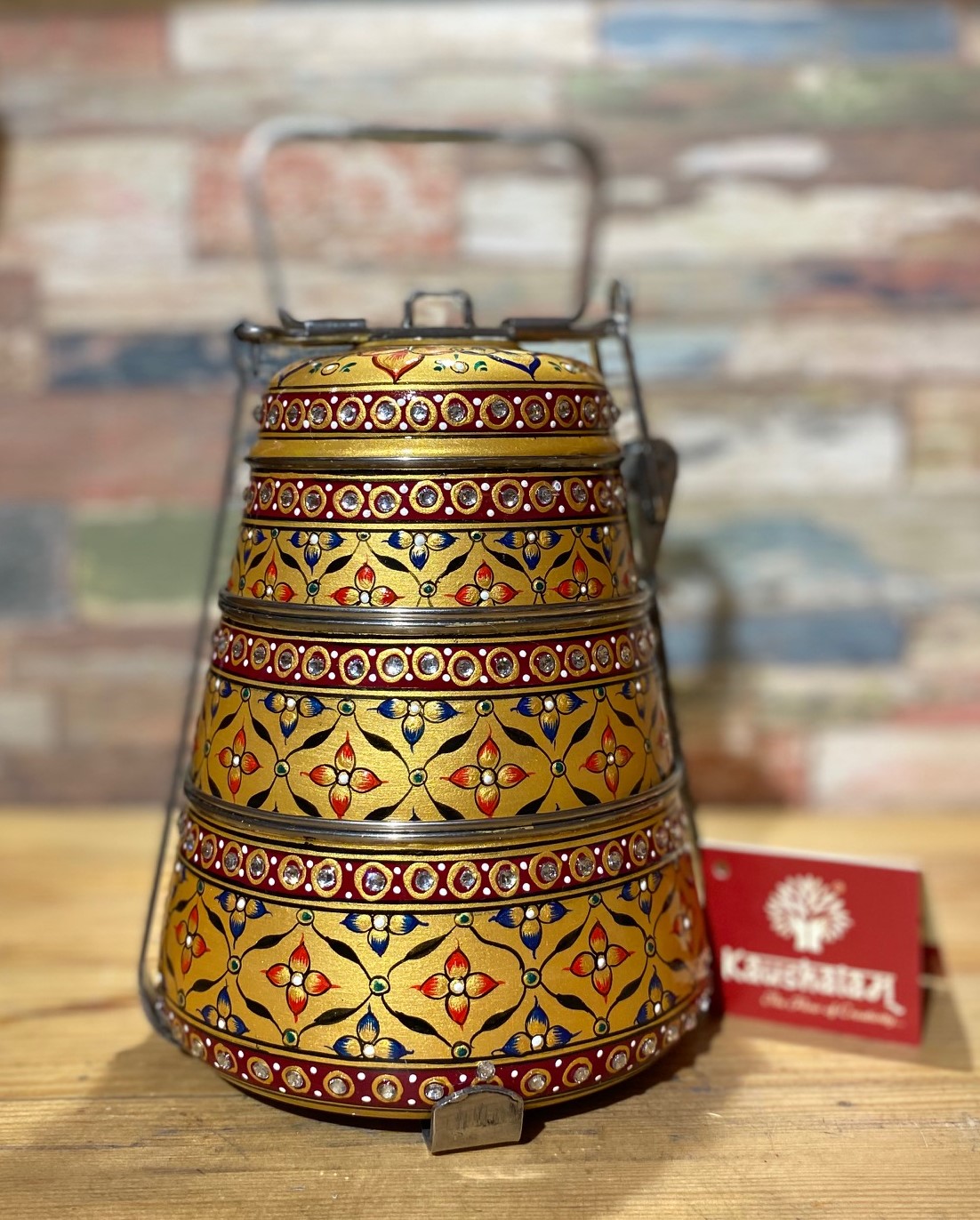 Hand Painted Steel Pyramid Tiffin- 3 Container: Golden Hand Painted Steel Pyramid Tiffin- 3 Container: Golden