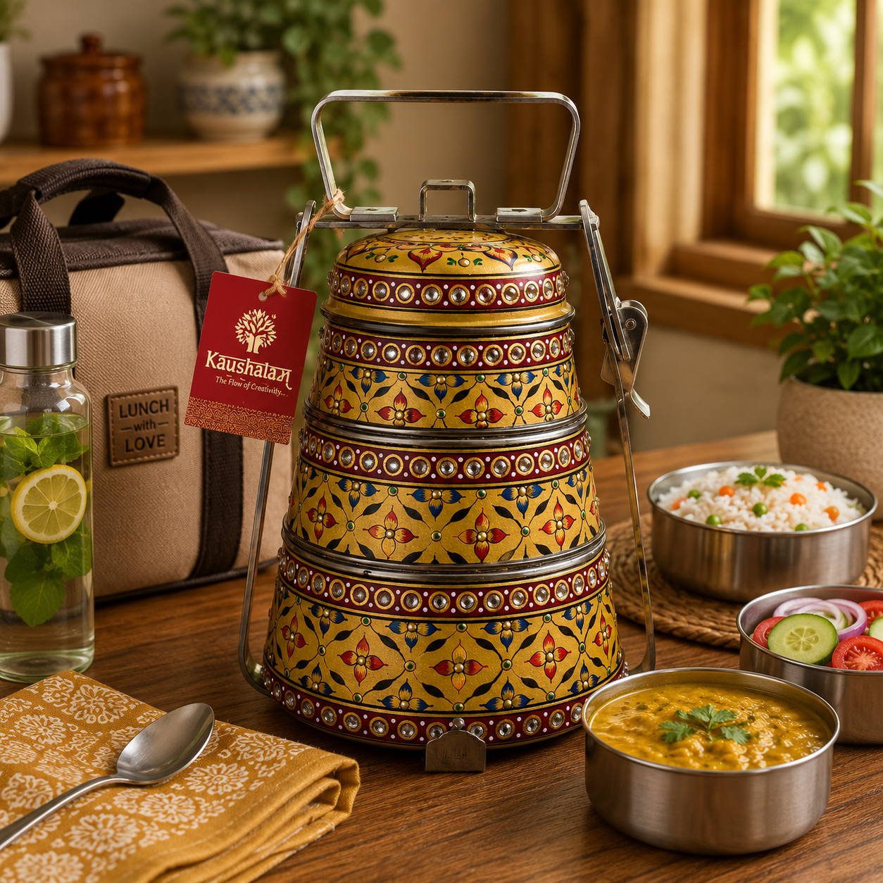 Hand Painted Steel Pyramid Tiffin- 3 Container: Golden