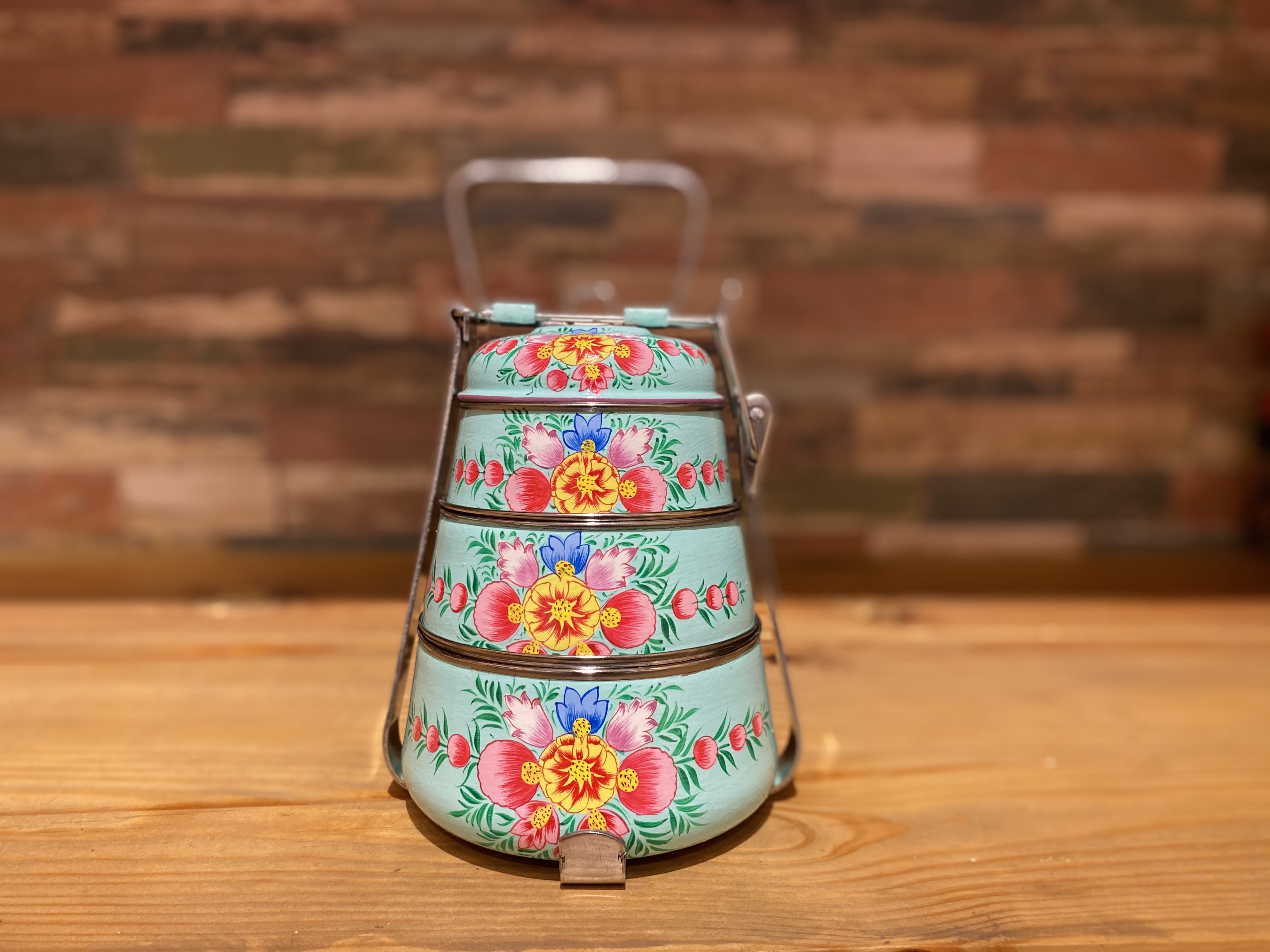 Hand Painted Steel Pyramid Tiffin- 3 Container: Light Blue Floral