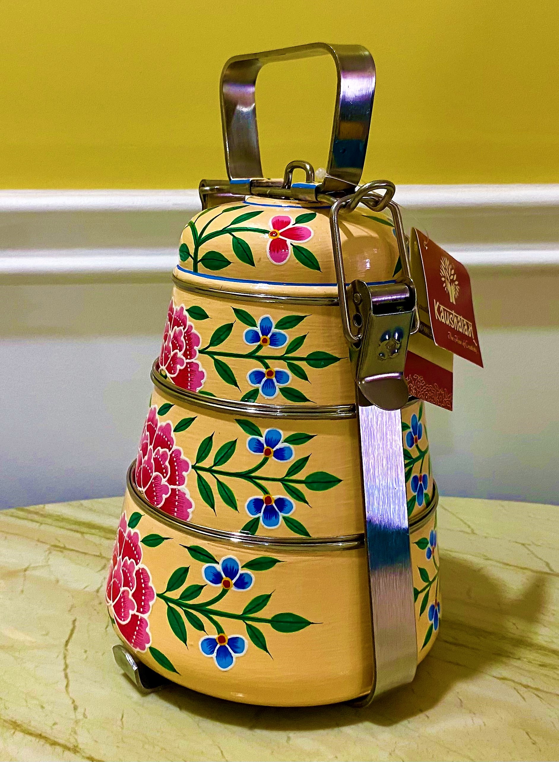 Hand Painted Steel Pyramid Tiffin- 3 Container: Peach Floral Kashmiri