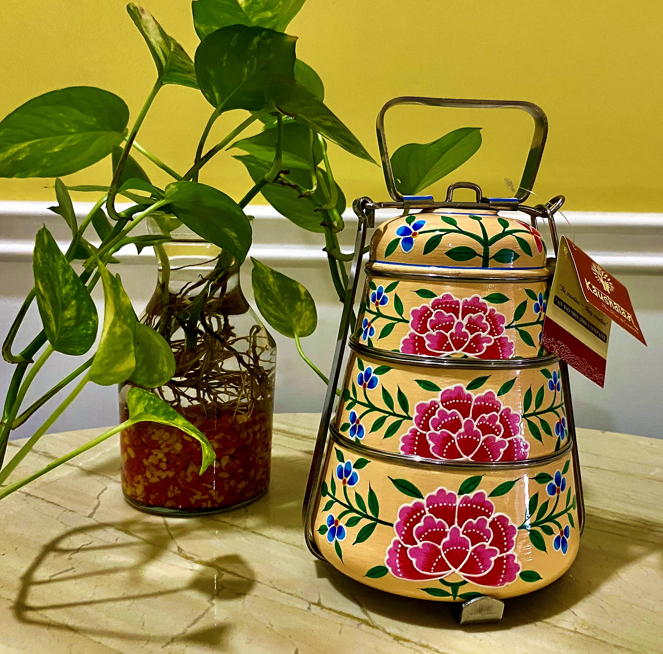 Hand Painted Steel Pyramid Tiffin- 3 Container: Peach Floral Kashmiri