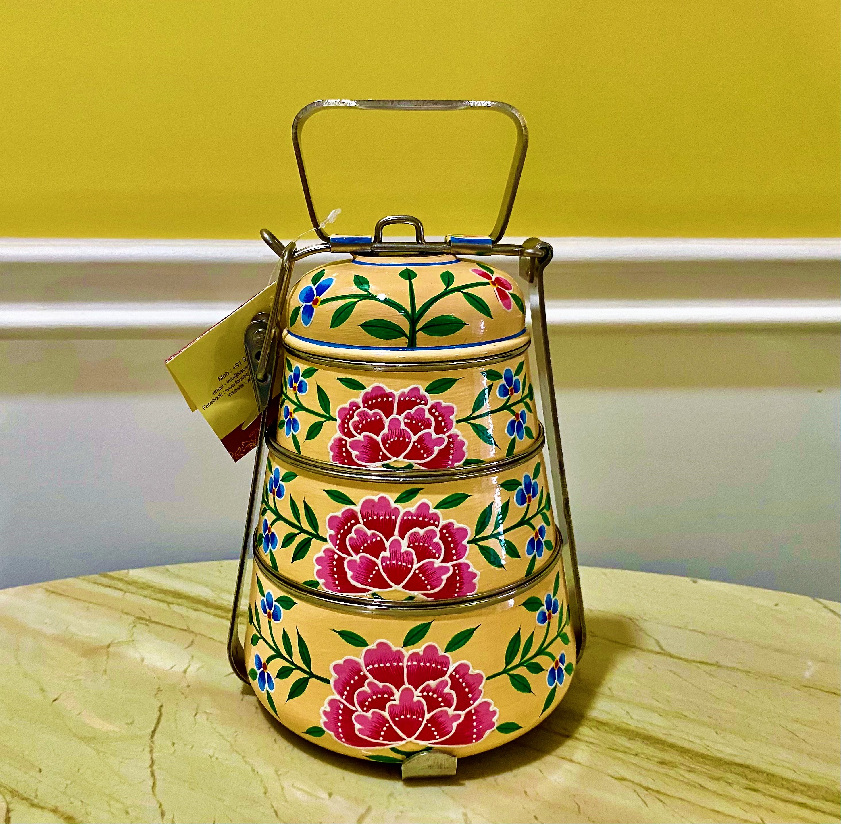 Hand Painted Steel Pyramid Tiffin- 3 Container: Peach Floral Kashmiri
