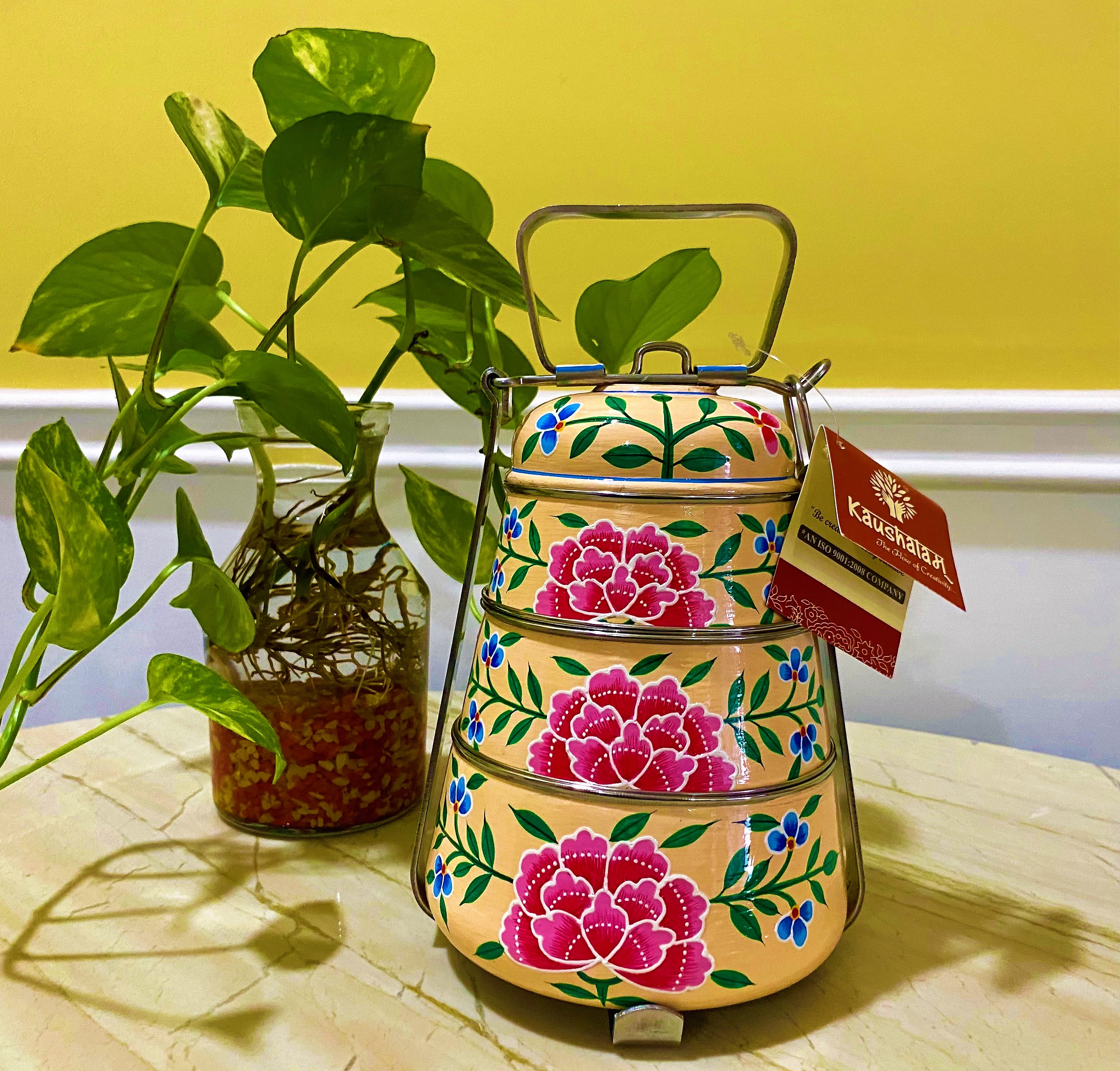Hand Painted Steel Pyramid Tiffin- 3 Container: Peach Floral Kashmiri