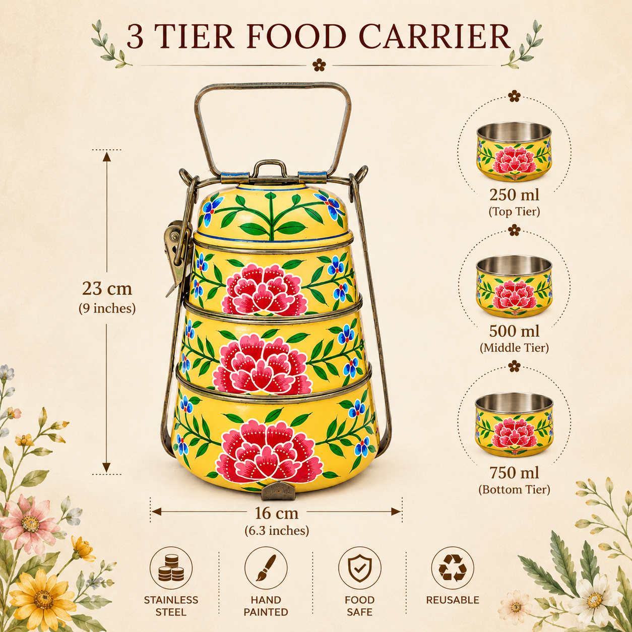 Hand Painted Steel Pyramid Tiffin- 3 Container: Peach Floral Kashmiri