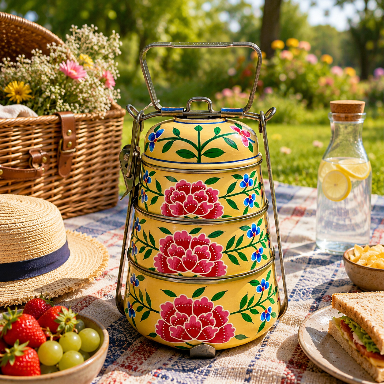 Hand Painted Steel Pyramid Tiffin- 3 Container: Peach Floral Kashmiri