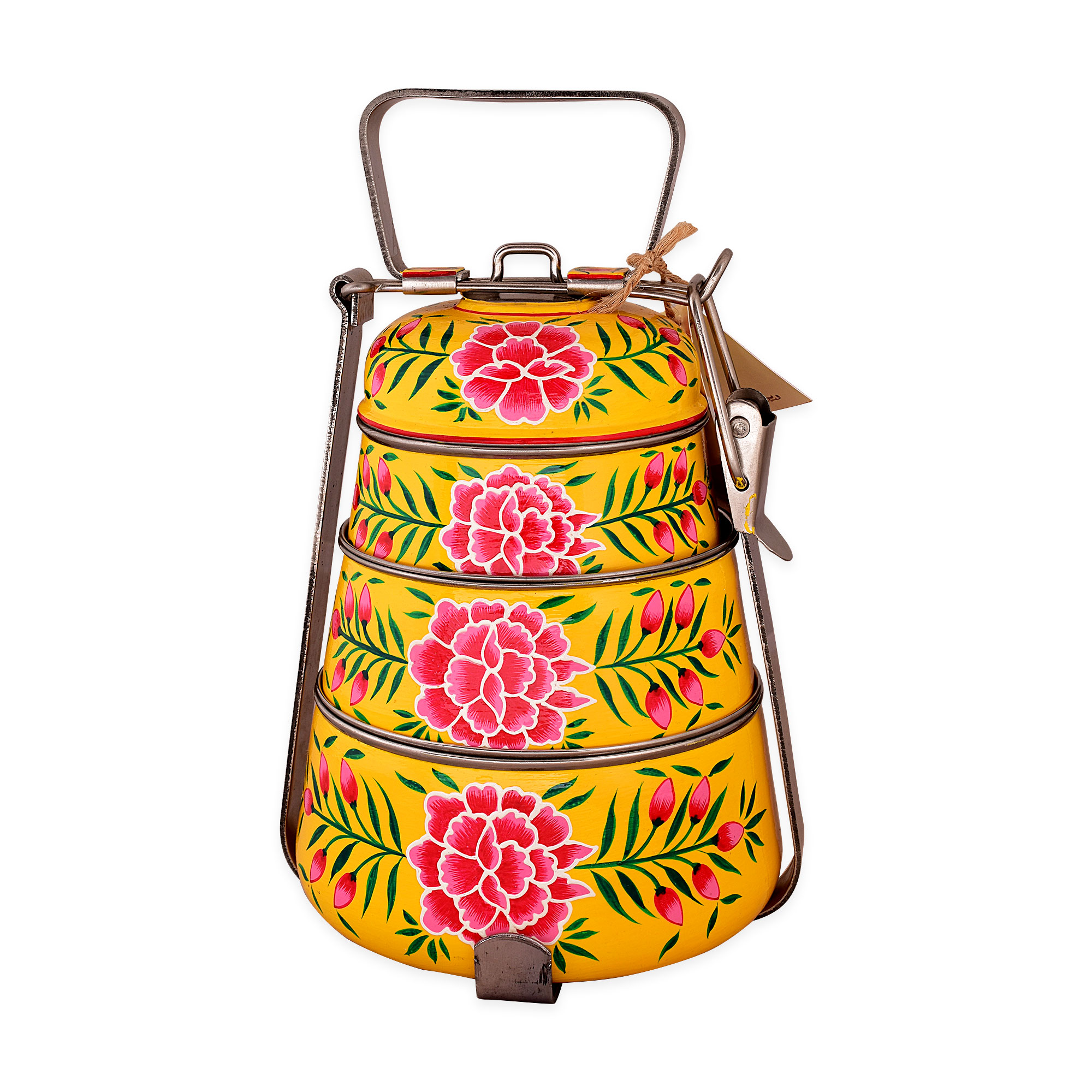 Hand Painted Steel Pyramid Tiffin- 3 Container: Yellow Floral Kashmiri