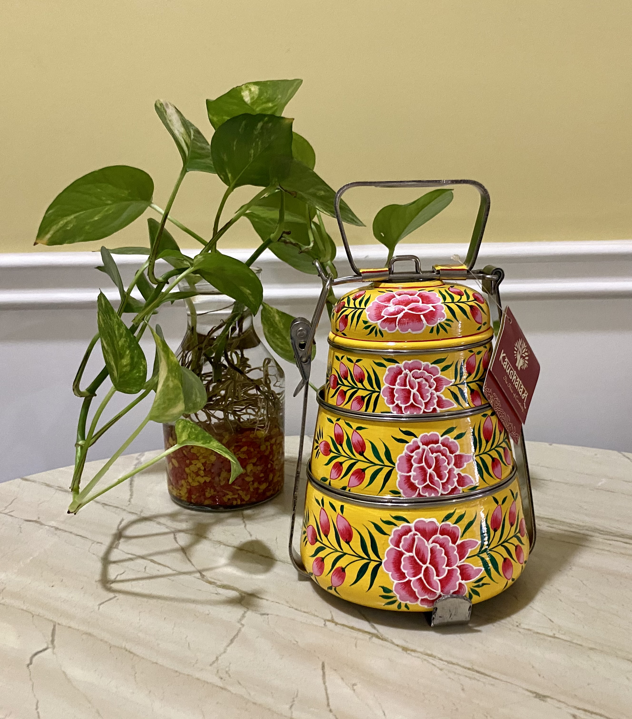 Hand Painted Steel Pyramid Tiffin- 3 Container: Yellow Floral Kashmiri