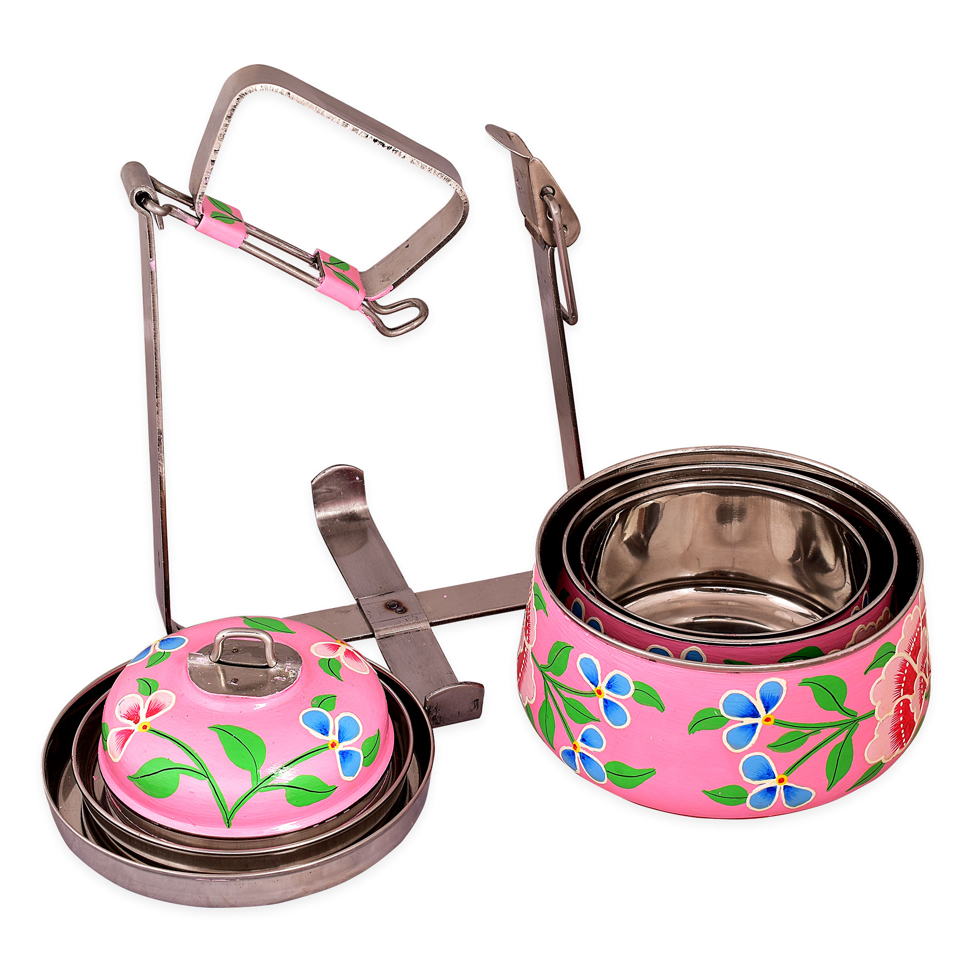 Hand Painted Steel Pyramid Tiffin- 3 Container: Pink Floral Kashmiri