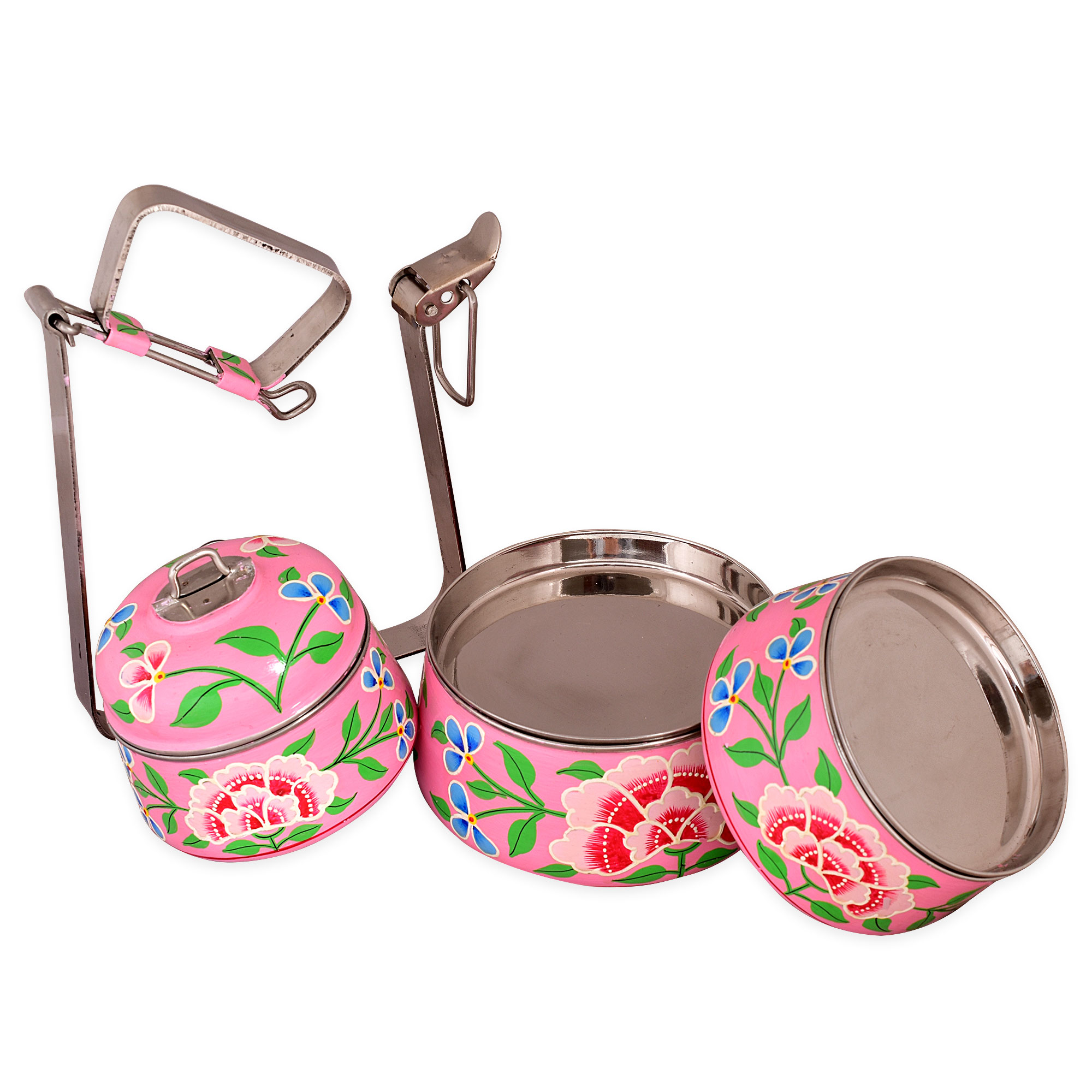 Hand Painted Steel Pyramid Tiffin- 3 Container: Pink Floral Kashmiri