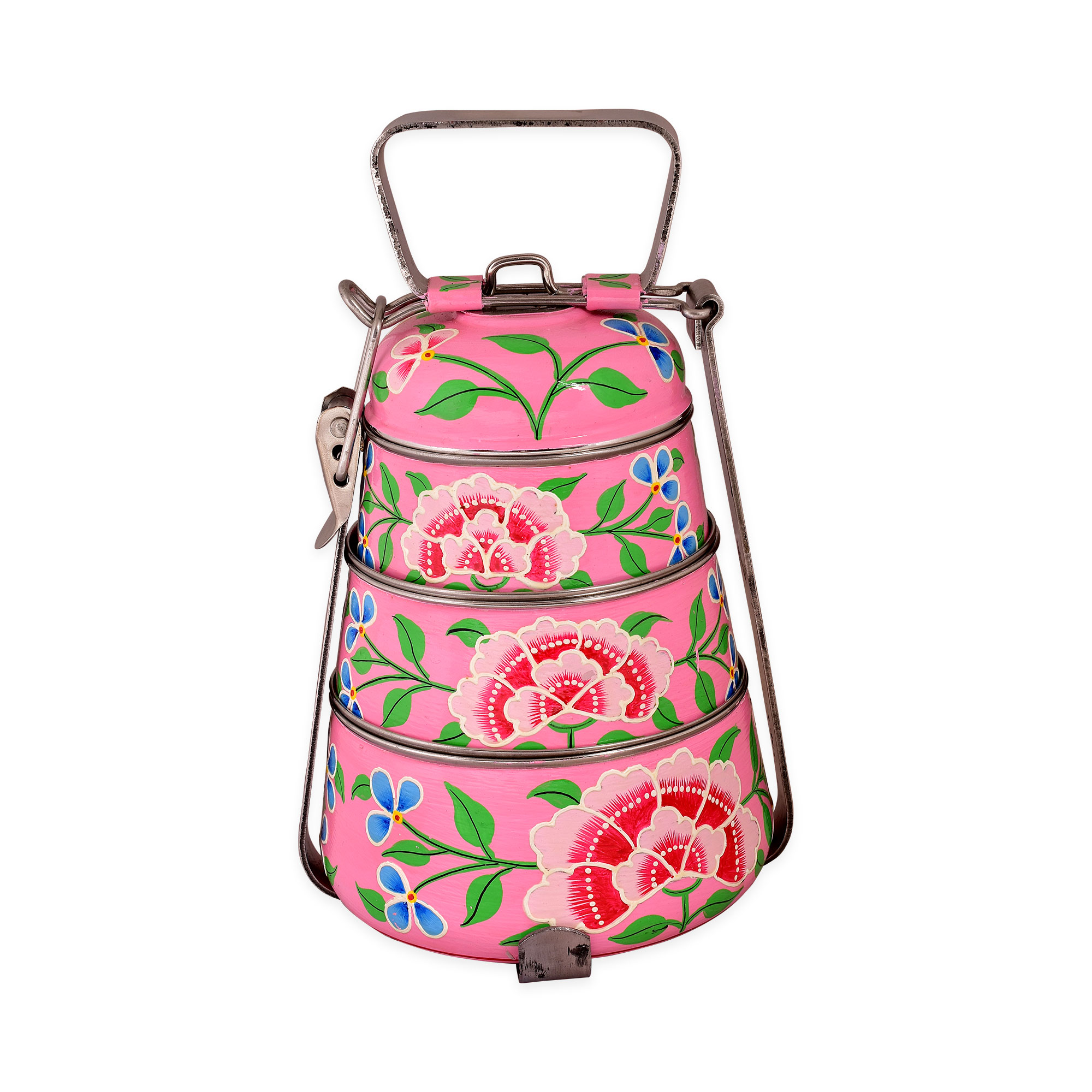 Hand Painted Steel Pyramid Tiffin- 3 Container: Pink Floral Kashmiri
