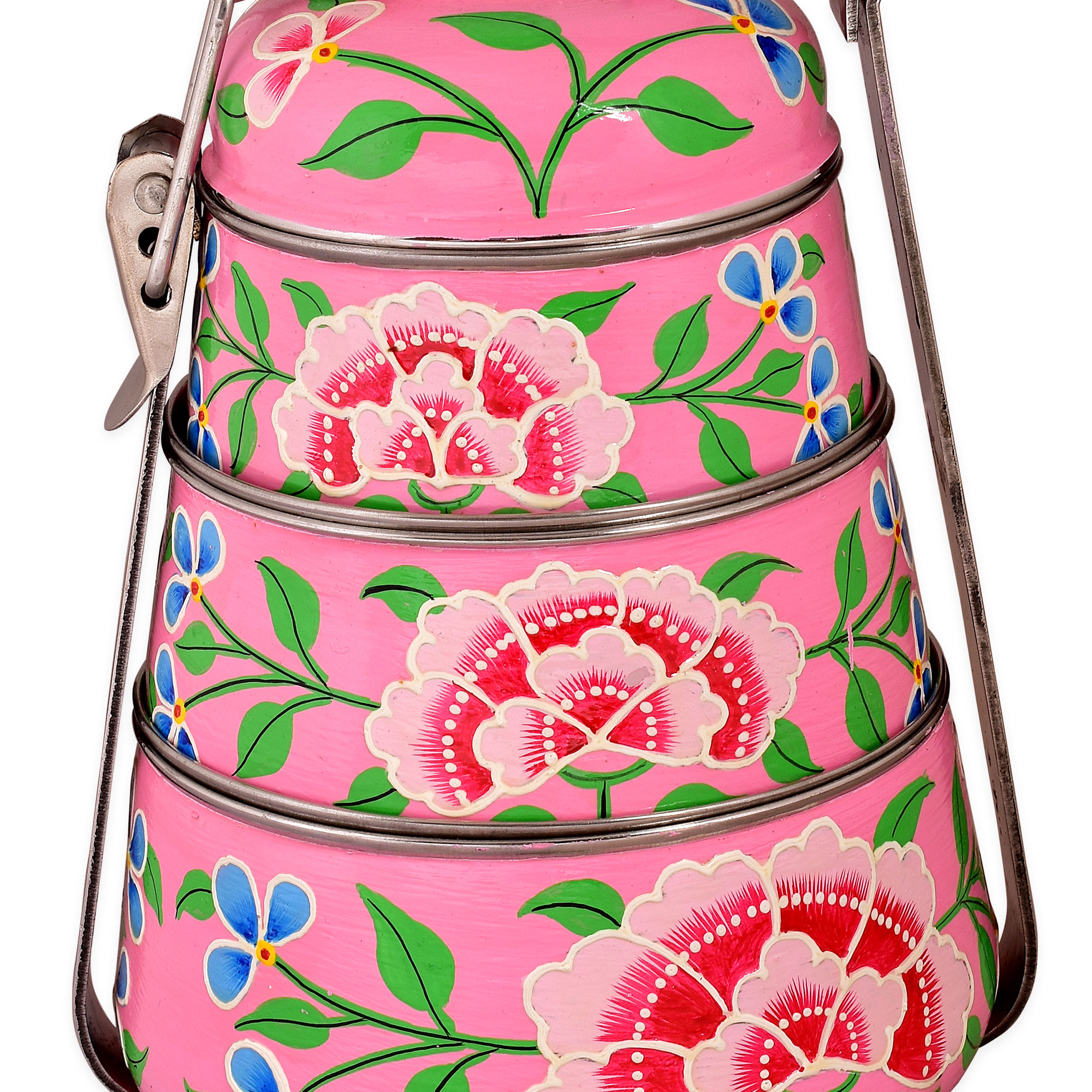 Hand Painted Steel Pyramid Tiffin- 3 Container: Pink Floral Kashmiri Hand Painted Steel Pyramid Tiffin- 3 Container: Pink Floral Kashmiri