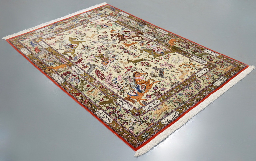 Qum Hunting Design Pure Silk Persian Rug (Ref 1449) 198x137cm