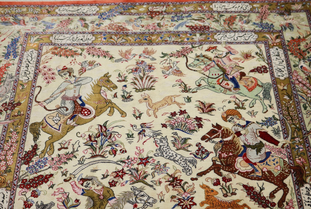 Qum Hunting Design Pure Silk Persian Rug (Ref 1449) 198x137cm