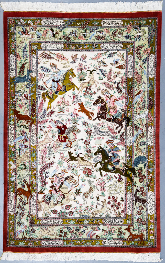 Pure Silk Qum Hunting Design Persian Rug (Ref 1921) 200x135cm