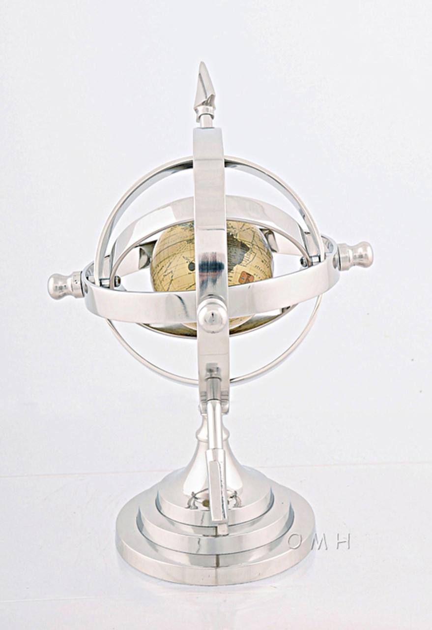 Aluminum Armillary Chrome Nickel Finish World Globe Desktop