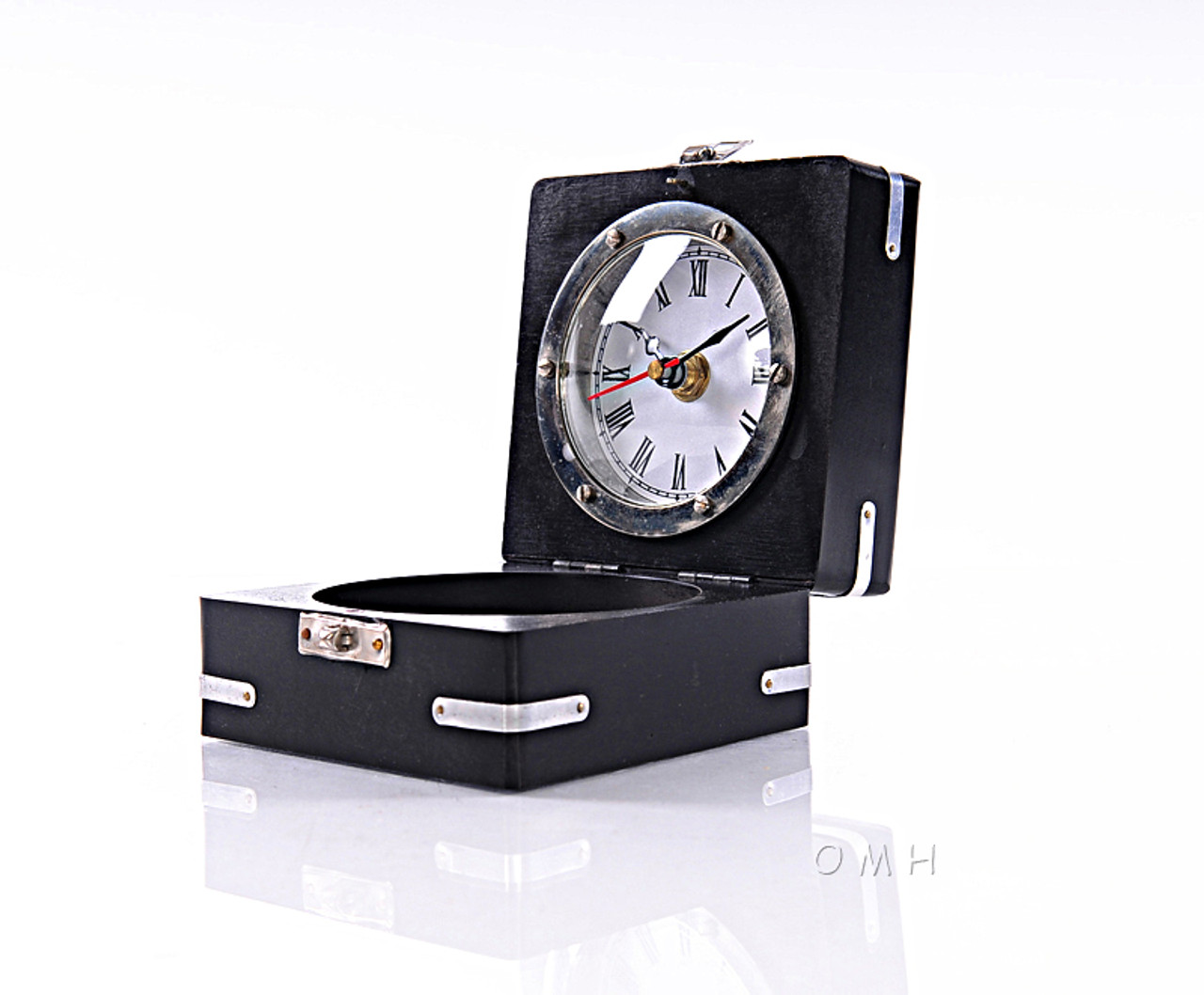 Desktop Compass Clock Black Wooden Case Nickel Finish