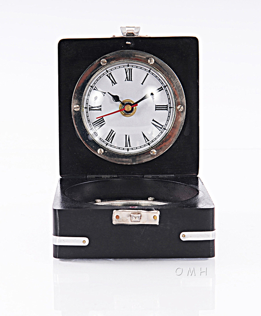 Desktop Compass Clock Black Wooden Case Nickel Finish