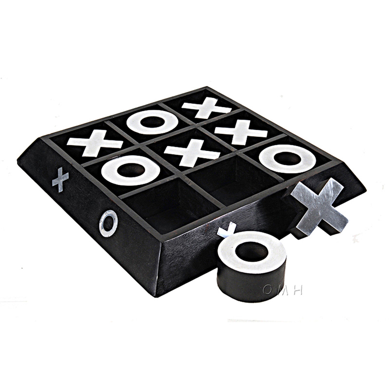 Tic Tac Toe Wood Board Game Aluminum Pieces Nickel Finish