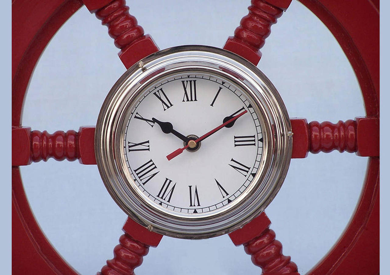 Ships Steering Wheel Red 15" w/ Chrome Clock Wooden Nautical Hanging Wall Decor 