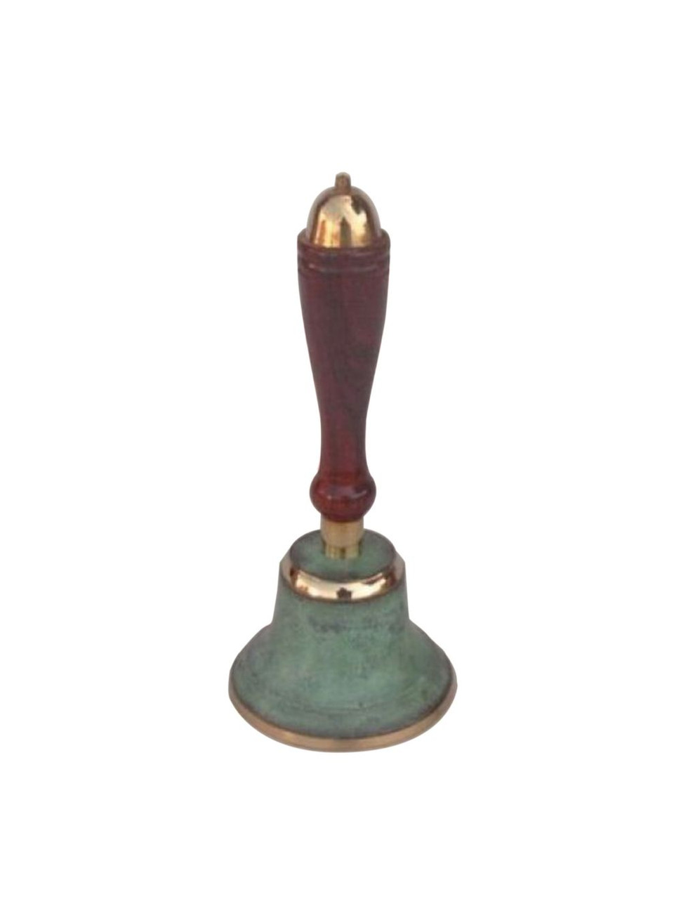 Brass Hand Bell Patina Wood Handle Office Decor