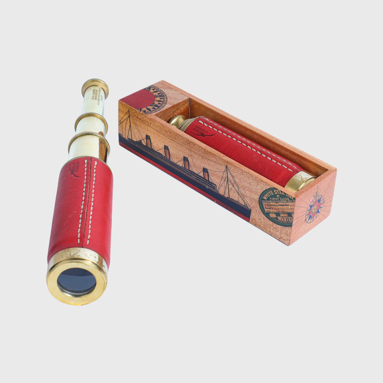 Pirate Spyglass Brass Red Leather Handheld Draw Telescope