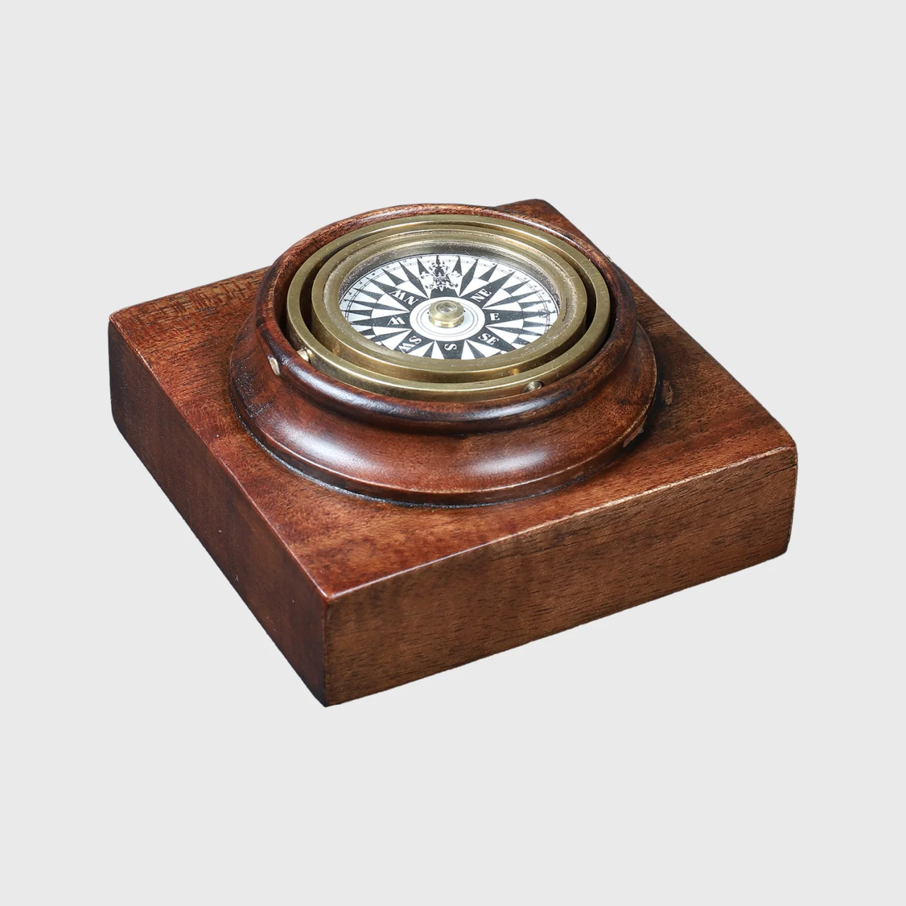 Royal Mail Gimbaled Brass Compass Mahogany Wood Base Replica