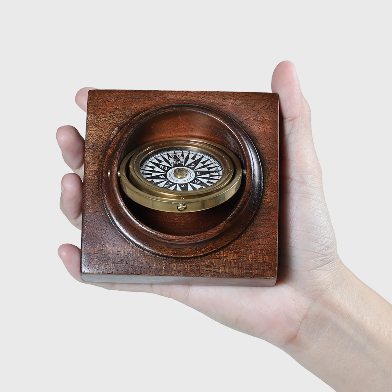 Royal Mail Gimbaled Brass Compass Mahogany Wood Base Replica