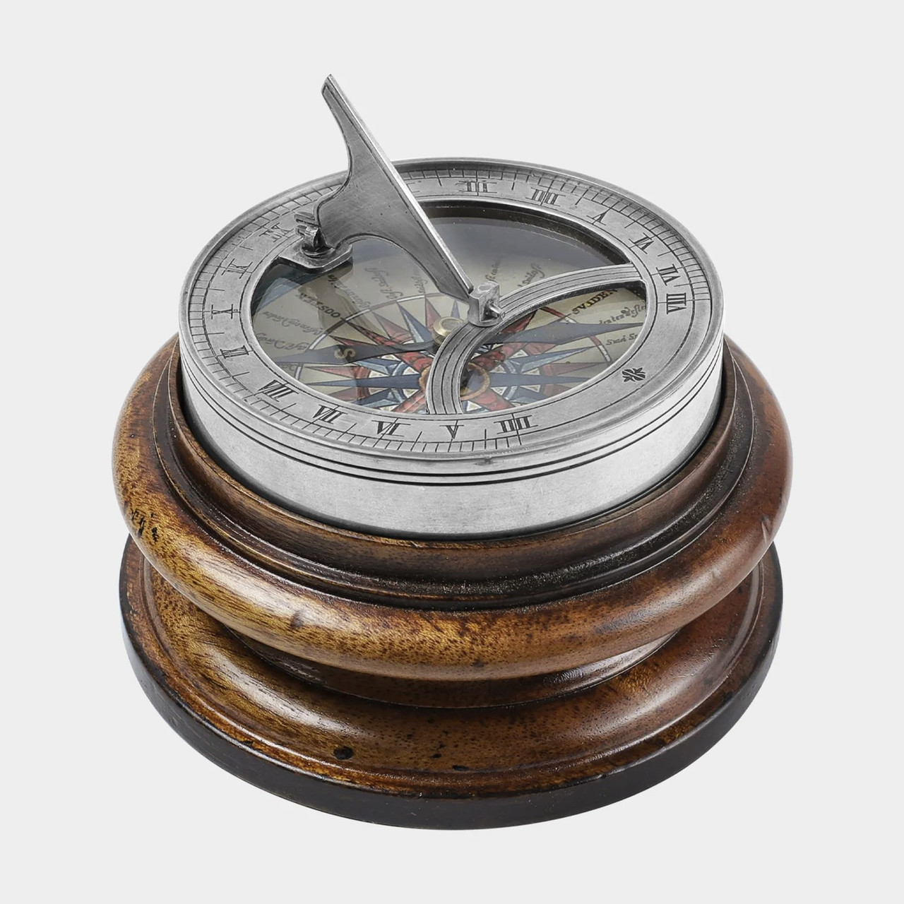 Folding Silver Sundial Compass Mahogany Wood Stand Replica