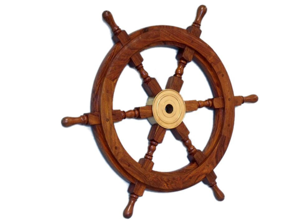 Teak Ships Steering Wheel Brass Hub Pirate Wall Decor