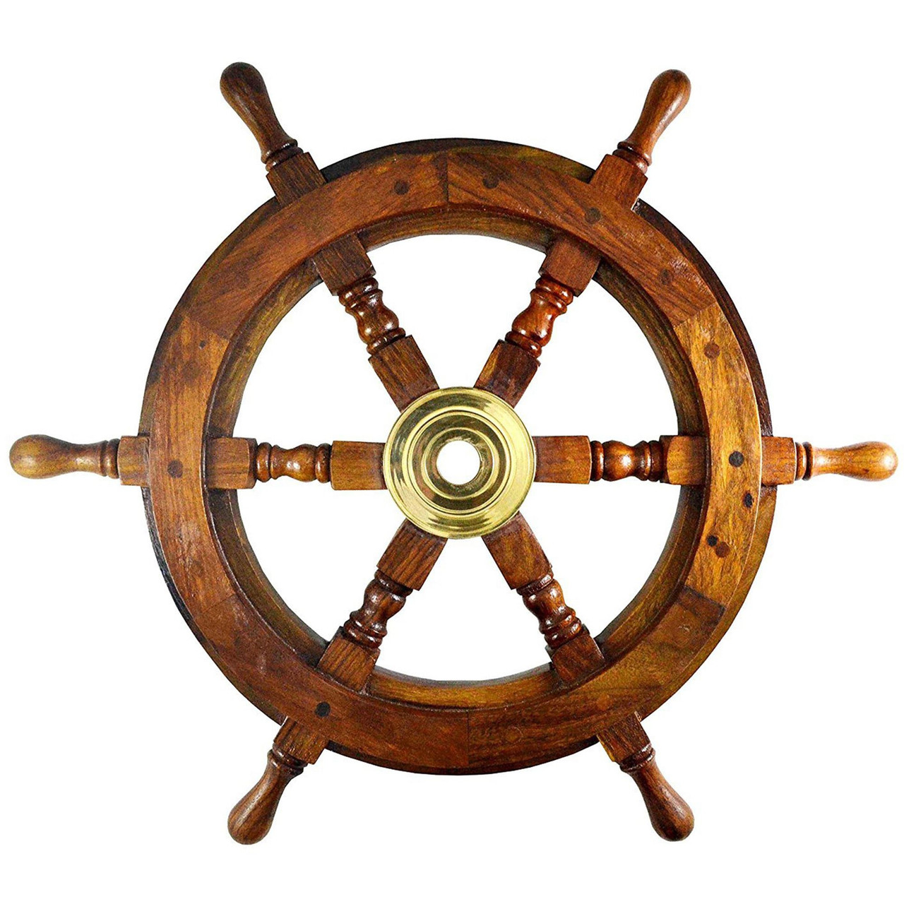 Teak Ships Steering Wheel Brass Hub Pirate Wall Decor