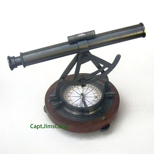 Brass Alidade Compass Wooden Base Decorative Nautical Decor Brass Alidade Compass Wooden Base Decorative Nautical Decor