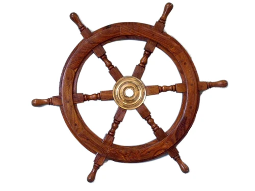Ship's Steering Wheel Teak Wood Brass Hub Marine Wall Decor