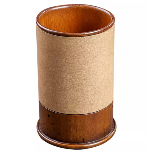Pen Stand Tan Leather Wood Holder Pencil Cup Office Desk