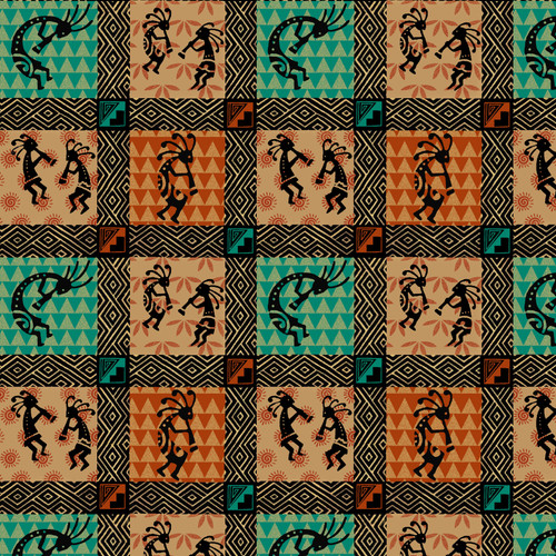 Pueblo Kokopelli blocks cotton fabric-Sold by the yard
